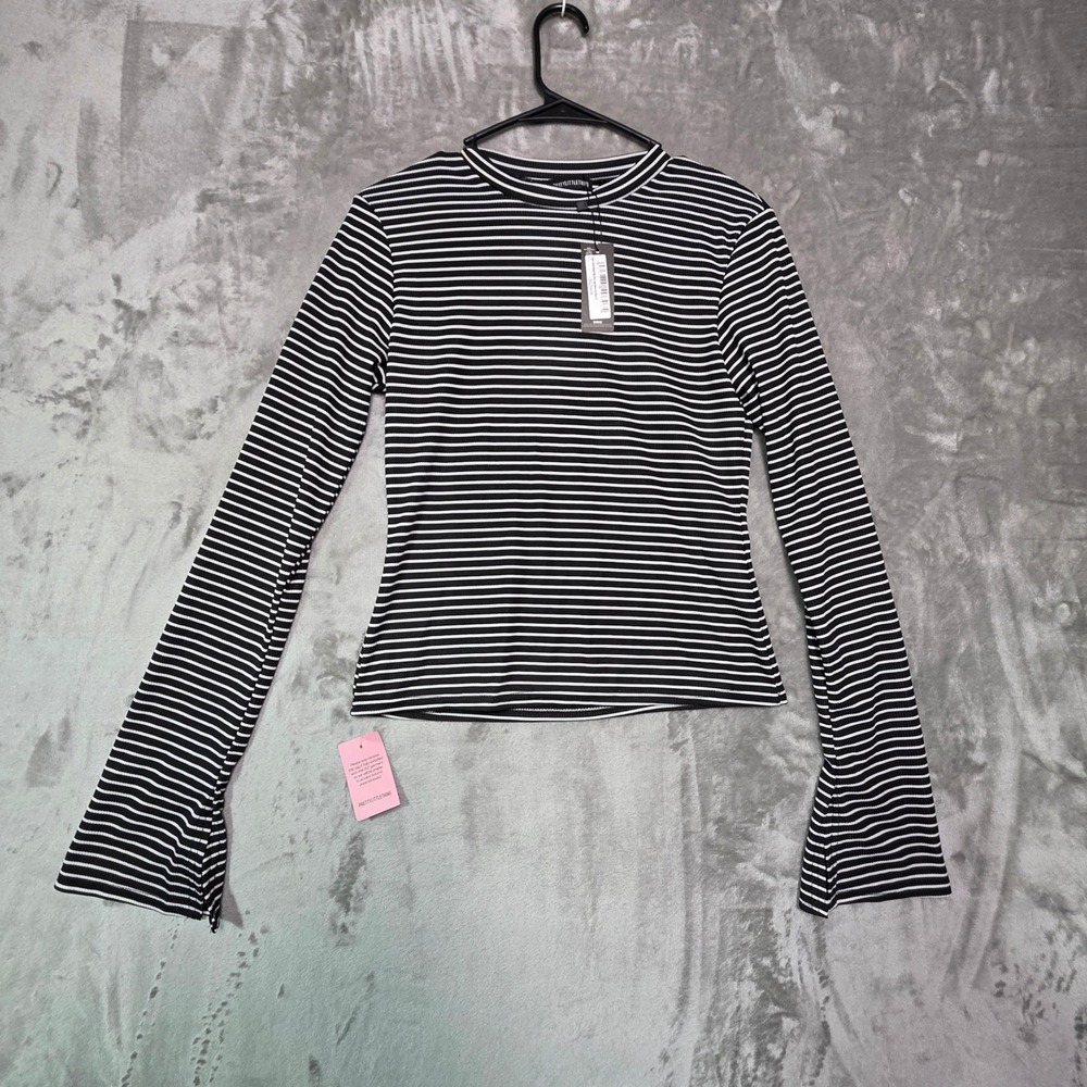 PrettyLittleThing Womens Black White Striped Ribbed Long Sleeve Top Split Cuff 6